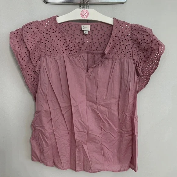 A New Day Pink Eyelet Lace Ruffle Sleeve Top - Picture 2 of 5
